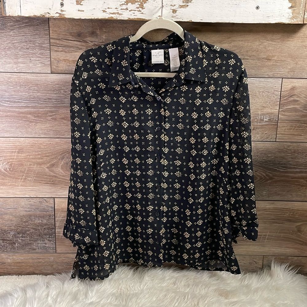 Emma James Ldies Button Blouse, Size 16, Black And Tan Floral